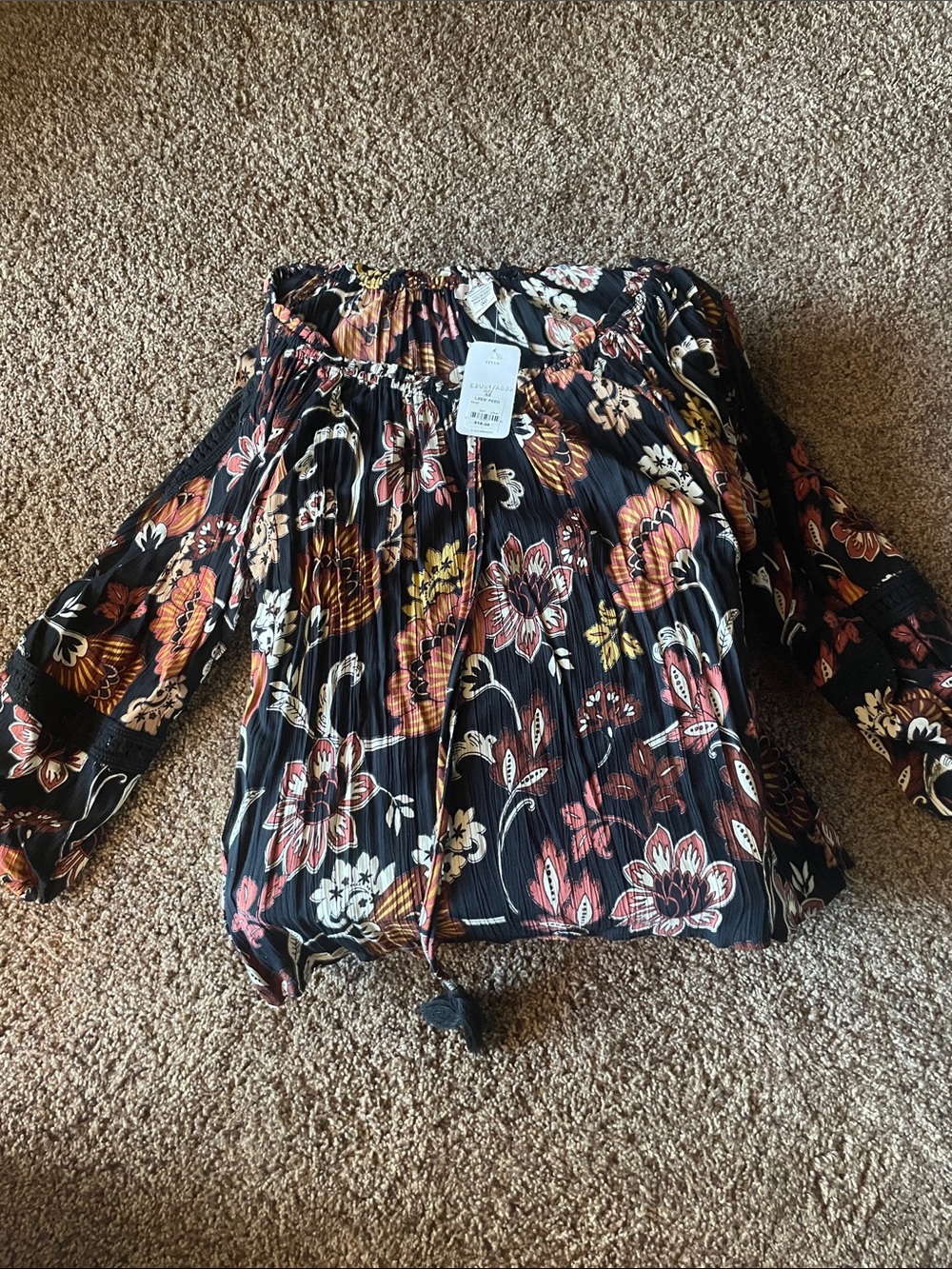 Off-Shoulder Floral Tunic Top - Black with Rust & Cream